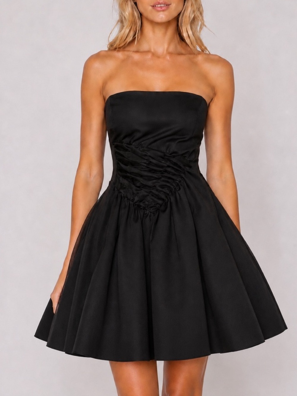 Victor Costa Vintage Black Strapless Fit & Flare Party Dress Ruched 25874